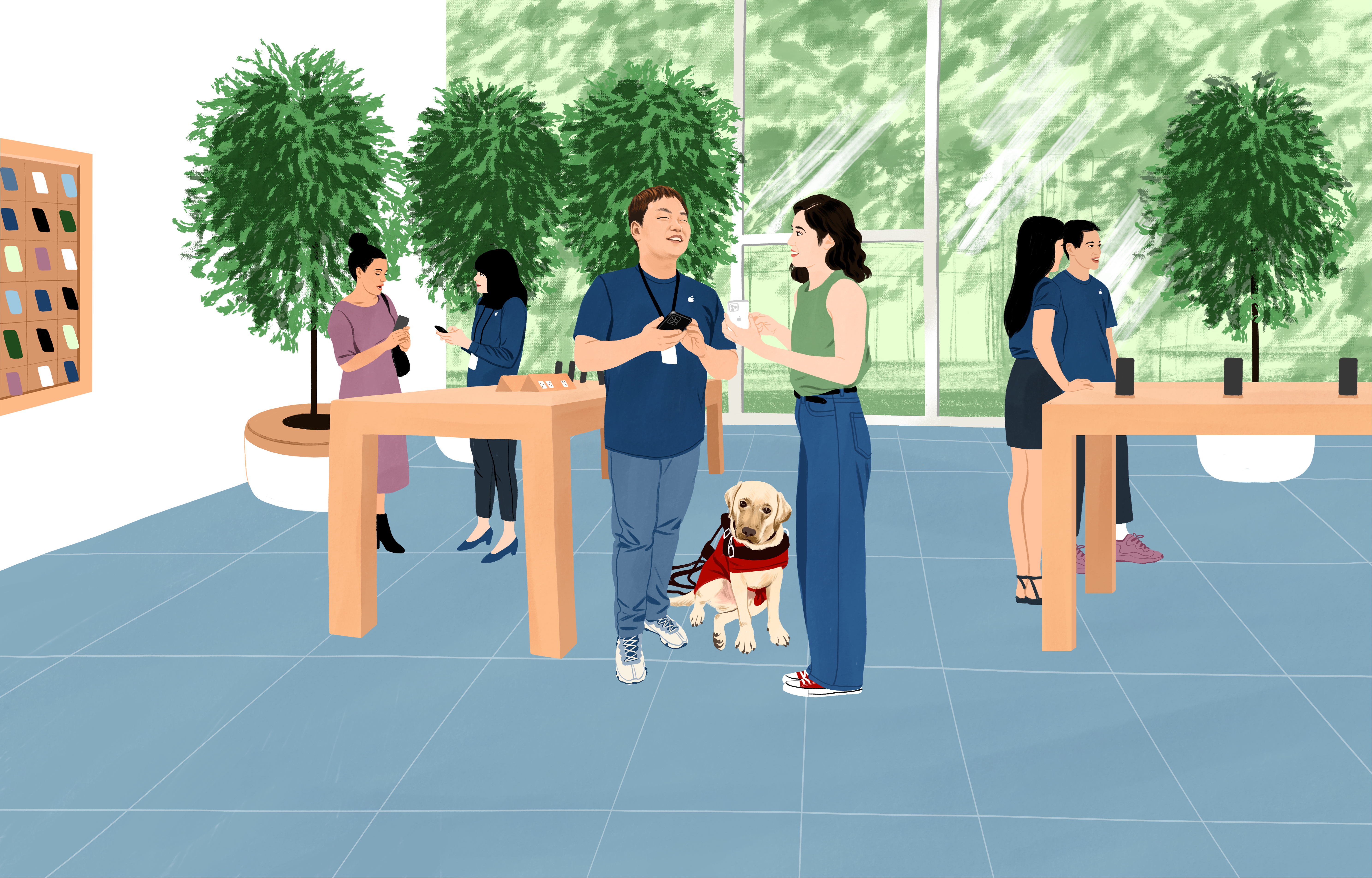 William 正在 Apple Store 工作，手上拿著 iPhone，他的導盲犬待在身旁，一名顧客找他查詢問題。