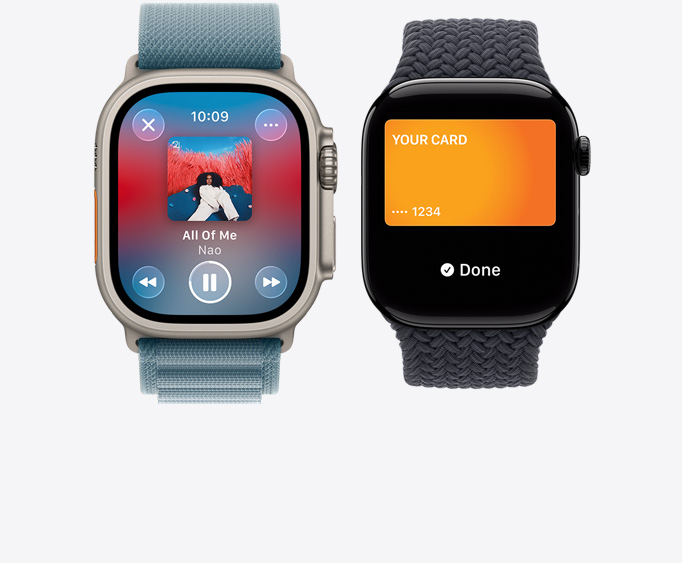 Apple Watch Ultra 3, titanové pouzdro, přírodní barva, aplikace Hudba, obrazovka Právě hraje, Apple Watch Series 11, pouzdro z leštěného klavírně černého hliníku, obrazovka Apple Pay, karta Apple Card