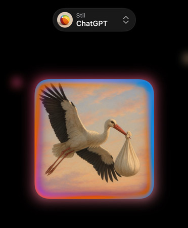 Das Display zeigt ein Genmoji mit einem Bild eines fotorealistischen Storchs, der ein Bündel im Schnabel trägt, und Optionen für benutzerdefinierte Bildstile von ChatGPT
