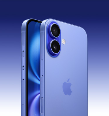 Ultramariinsinise viimistlusega iPhone 16, millel on näha osa ekraanist ning külg Action-nupu, helitugevuse nupu ja küljenupuga. Tagaküljest on näha arenenud topeltkaamerasüsteem vasakus ülanurgas.