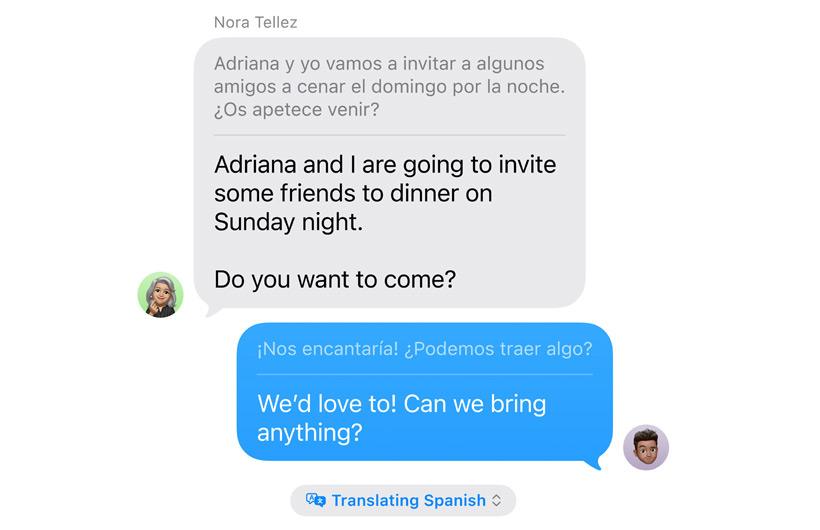 App Mensagens a mostrar a Tradução em tempo real