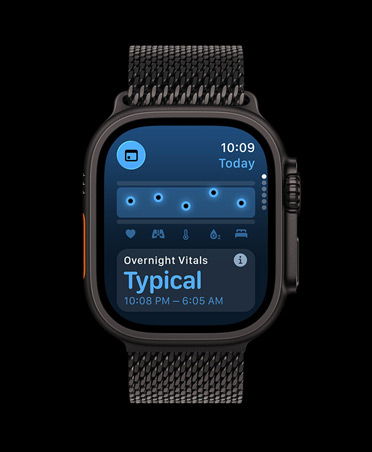 Apple Watch Ultra 3, Farbe Schwarz, Titangehäuse, Vitalzeichen App, Diagramm mit Gesundheitsbewertung, Mitteilung zu Abweichungen bei im Schlaf erfassten Vitalzeichen, Armband, Milanaise Armband Schwarz