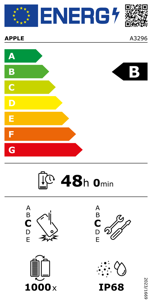 EU Energy Label QR code and information, Apple model A3296, class B, energy efficiency classes (with a scale from A to G), A (most efficient) to G (least efficient), battery endurance per cycle, 48 hours and 0 minutes per full battery charge, repeated free fall reliability class C, A (most robust) to E (least robust), repairability class C, A (most repairable) to E (least repairable), 1000 battery endurance in cycles, dust and water ingress protection (IP) rating IP68, regulation 2023/1669.