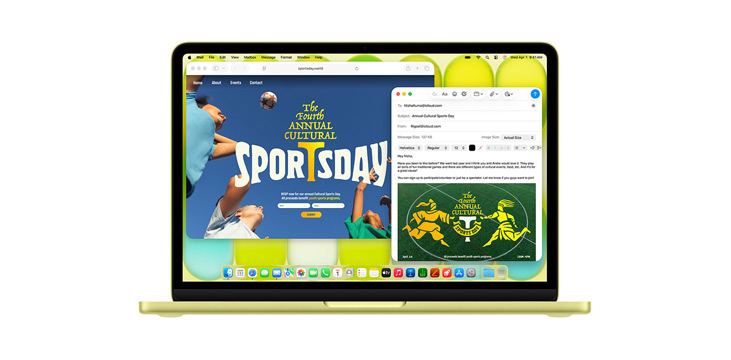 Demo av appar som Microsoft PowerPoint, Meddelanden och Pages på MacBook Pro 14 tum.