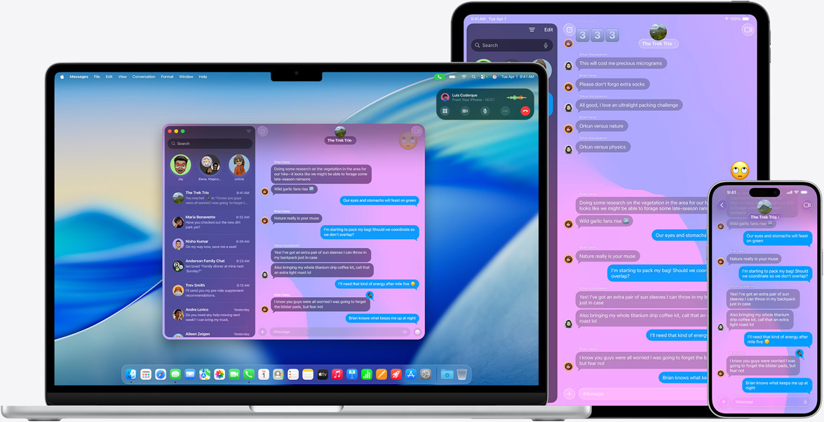 Apple Produkte: 15" MacBook Air, 13" iPad Pro und iPhone 16 Plus, auf jedem Display wird die gleiche iMessage Unterhaltung angezeigt