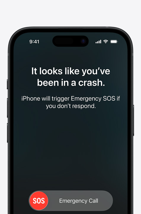 Δίπλα-δίπλα, οθόνη iPhone που εμφανίζει τα Μηνύματα, Εύρεση, Οδική Βοήθεια διαθέσιμα μέσω δορυφόρου, οθόνη iPhone που δείχνει τη λειτουργία Επείγον SOS σε χρήση, οθόνη iPhone που δείχνει την Οδική Βοήθεια σε χρήση