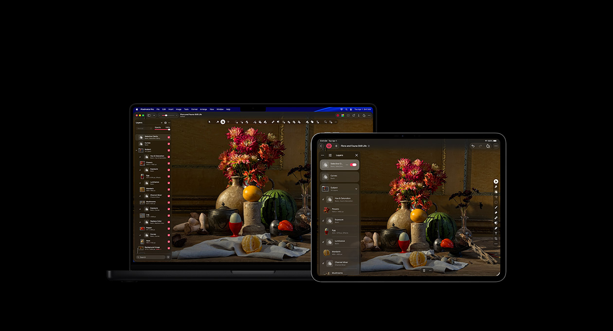 Layar MacBook Pro 16 dan iPad Pro 13, Pixelmator Pro, lukisan alam flora dan fauna, toolkit lapisan di sebelah kiri