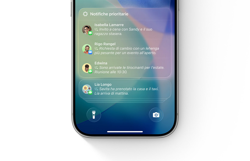 Un iPhone con la full immersion Meno interruzioni attivata e una sola notifica, contrassegnata come “Potenzialmente importante”.