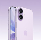 라벤더 색상 iPhone 17의 앞면 및 상단의 듀얼 Fusion 카메라 시스템과 카메라 컨트롤 버튼이 보이도록 옆에 배치된 뒷면 그리고 전면 화면 디자인, 동작 버튼, 음량 버튼, 측면 버튼이 보이도록 앞에서 바라본 측면