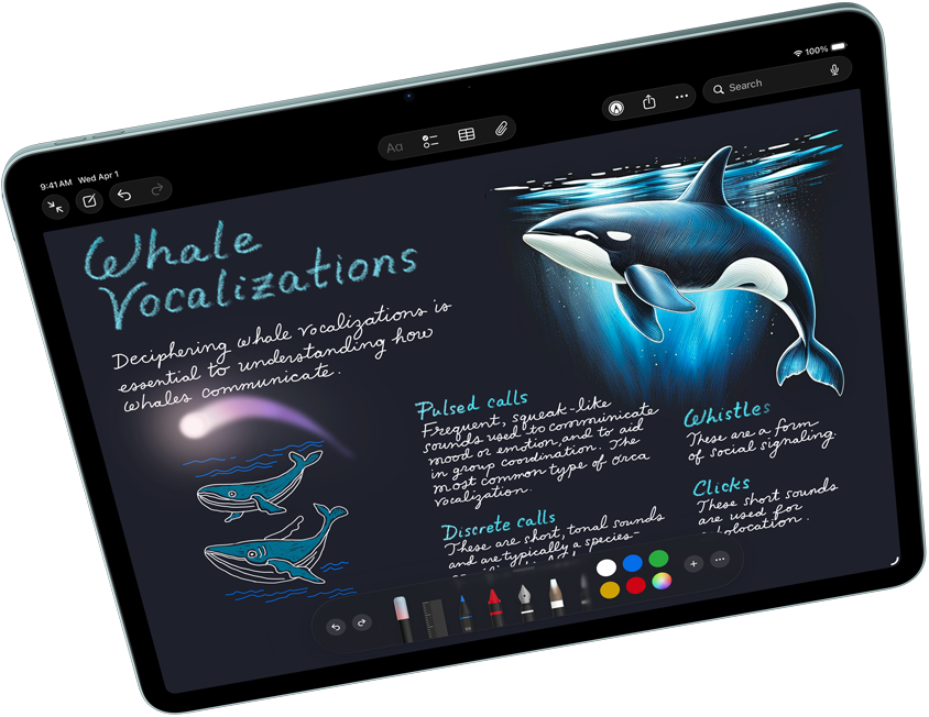 มุมมองแนวนอนของ iPad Air ที่แสดง Apple Intelligence พร้อมไม้เสกภาพในแอปโน้ต, Apple Pencil Pro