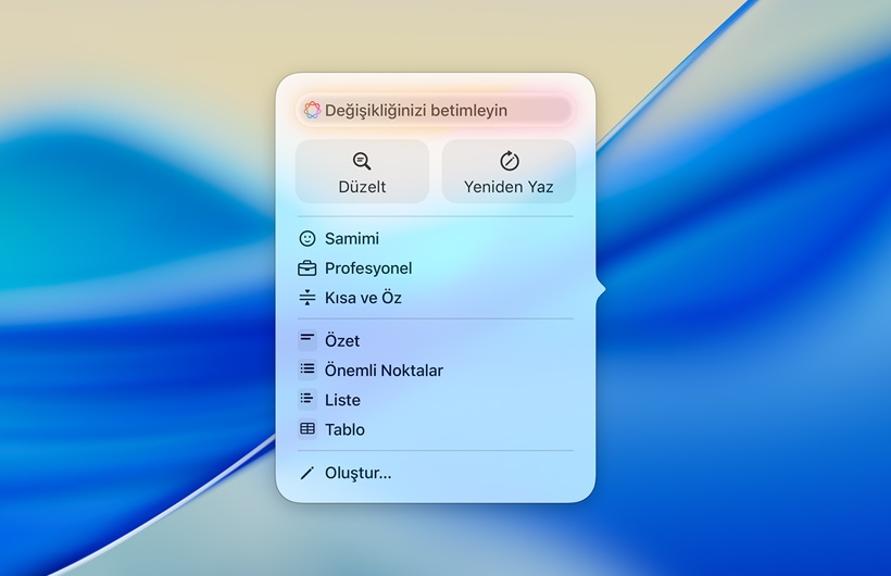 Yönergeleri girmek için metin alanı, Düzelt ve Yeniden Yaz düğmeleri, farklı anlatım biçimleri ve özetleme, püf noktaları, tablo ve liste seçenekleri ile Yazma Araçları için arayüz