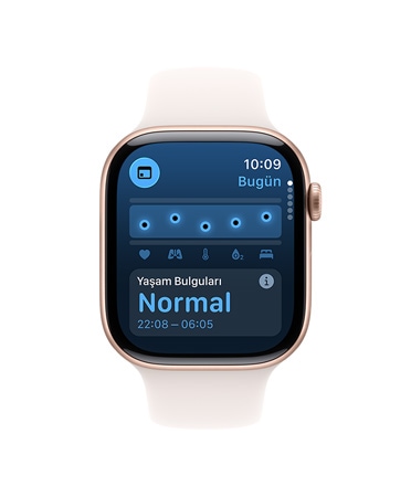 Beyaz Spor kordonlu Apple Watch Series 10’un Kullanıcı Arayüzünde Yaşam Bulguları Uygulaması’nda Bilekten Sıcaklık görülüyor; yanında duran siyah spor kordonlu Apple Watch Series 10’un Kullanıcı Arayüzünde Yaşam Bulguları Uygulaması’nda Bilekten Sıcaklık, Kalp Atış Hızı ve Analiz görülüyor