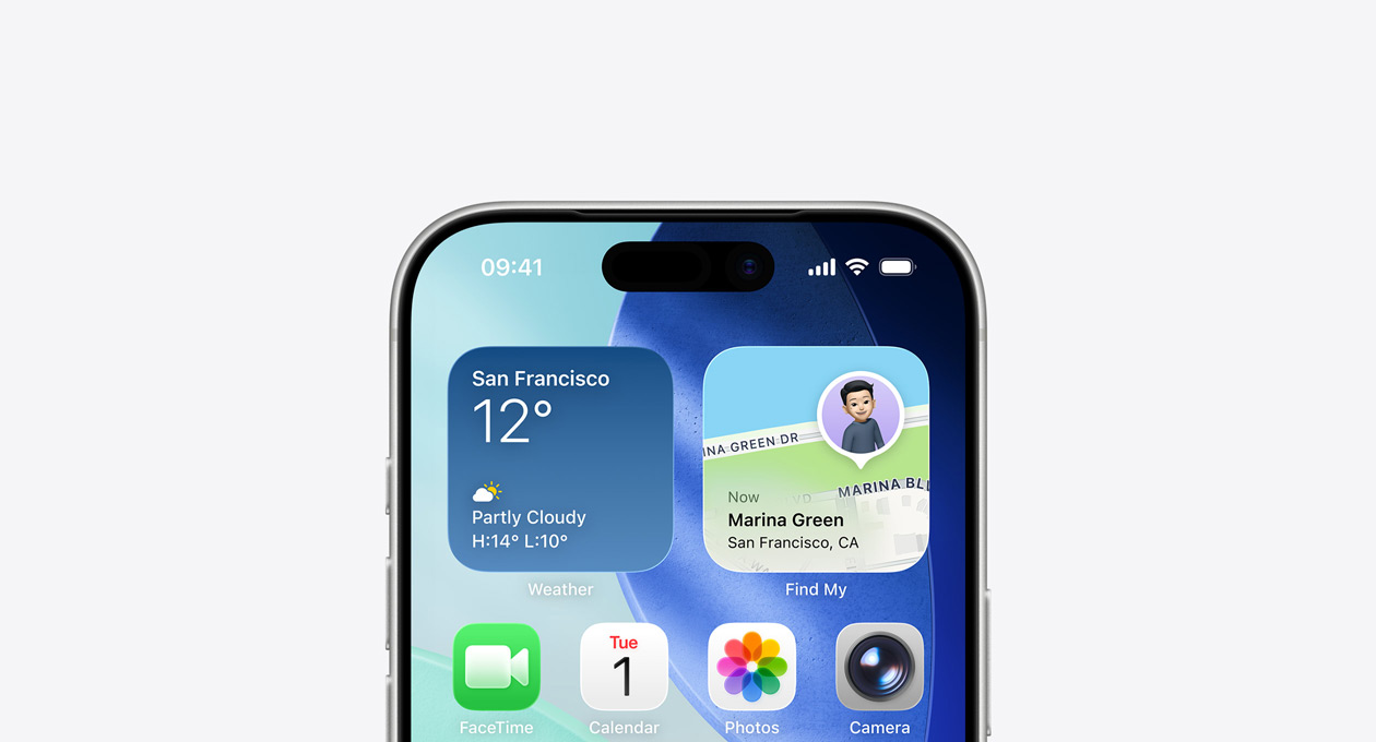 iPhone, top part of screen showing Home Screen with Weather and Find My widgets in the top row