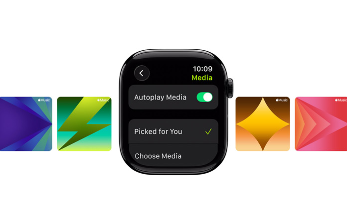 Apple Watch in centre in Jet Black, no strap, with Picked for You and Choose media options on face, with custom Apple Music wallpapers in background