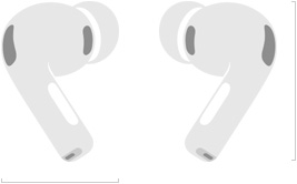 AirPods Pro 3 vázlatos rajza, bal és jobb oldali vezeték nélküli fülhallgatók, szilikon fülharangok, zajkioltó mikrofonok, magasság milliméterben, szélesség milliméterben