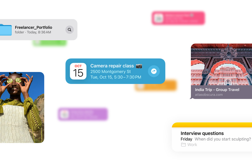 Cuplikan informasi seperti acara kalender, foto, dan catatan menunjukkan banyaknya sumber yang dapat digunakan Siri
