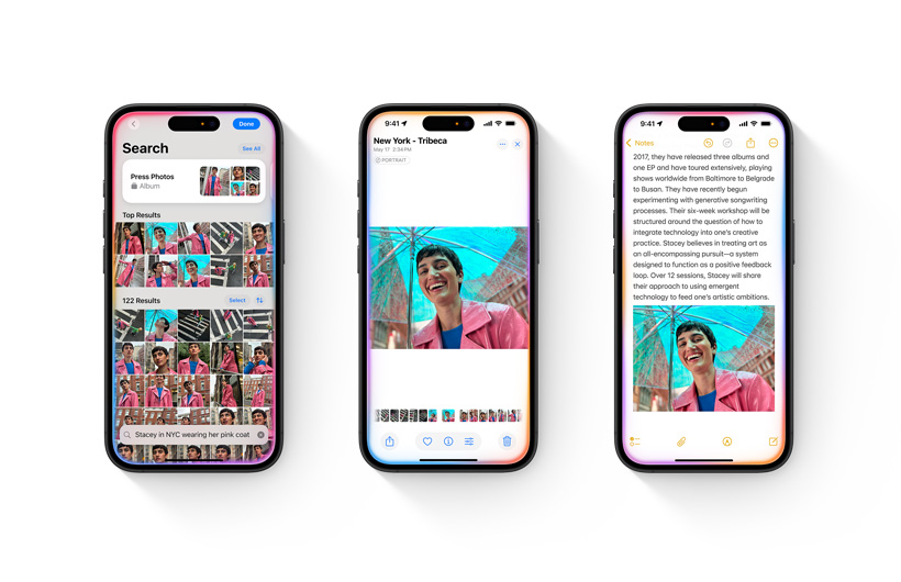 Perpustakaan foto ditampilkan pada iPhone beserta deskripsi pencarian. iPhone kedua membuka satu foto yang difavoritkan berdasarkan pencarian. iPhone ketiga menampilkan foto yang dimasukkan ke dalam catatan di aplikasi Catatan.
