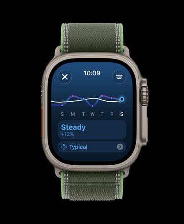 Apple Watch Ultra 3, Farbe Natur, Titangehäuse, Trainingsbelastung Liniendiagramm und Kalender, Armband, Trail Loop, Farbe Grün/Neon