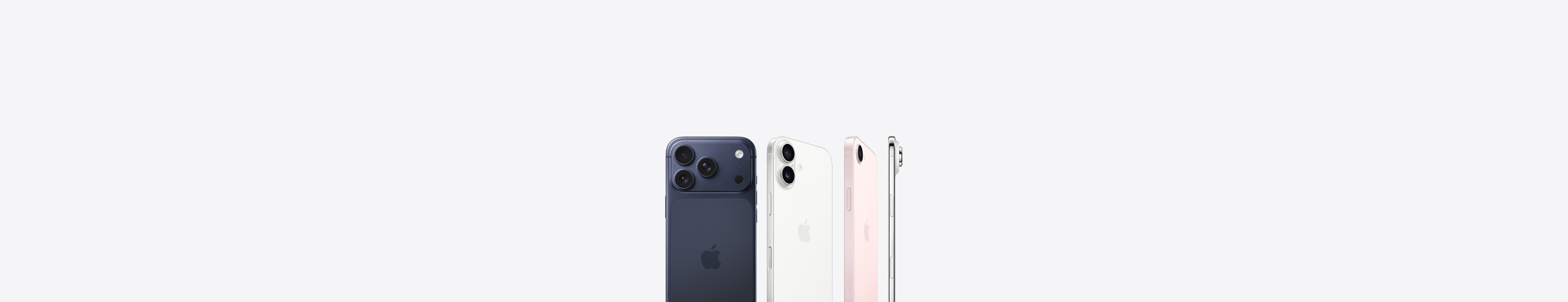 왼쪽 상단의 프로 Fusion 카메라 시스템과 중앙의 Apple 로고가 보이는 딥 블루 색상 iPhone 17 Pro 뒷면, 왼쪽 상단의 듀얼 Fusion 카메라 시스템과 중앙의 Apple 로고가 보이는 화이트 색상 iPhone 17 뒷면, 왼쪽 상단의 Fusion 카메라 시스템과 중앙의 Apple 로고가 보이는 소프트 핑크 색상 iPhone 17e 뒷면, 왼쪽 상단의 Fusion 카메라 시스템이 보이는 iPhone Air의 티타늄 프레임 옆면