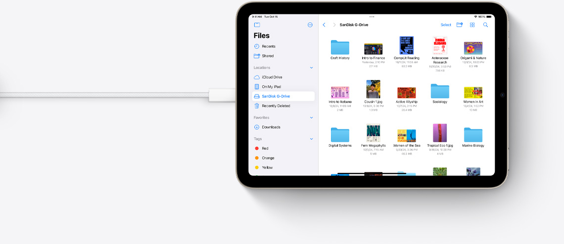 Redzami faili horizontāli novietotā iPad mini, kas savienots ar USB‑C kabeli.