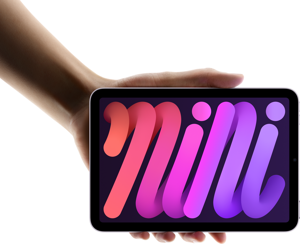 iPad mini tiek turēts horizontāli, demonstrējot tā kompakto izmēru un mobilitātes iespējas.