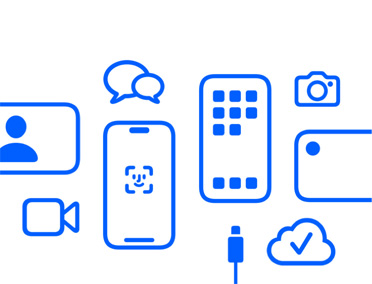 Apple 的各款裝置和功能，包括 iCloud、具備 Face ID 及連接充電線的 iPhone、相機系統、傳送訊息、訊息 App。