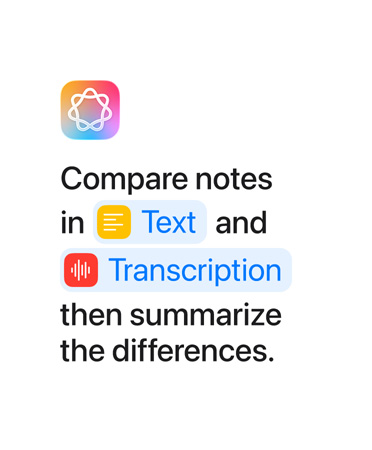 Vergleiche Notizen in Text und Transkription und fasse dann die Unterschiede zusammen, wobei die Wörter «Text» und «Transkription» blau hervorgehoben sind, wie sie in der Kurzbefehle App erscheinen würden