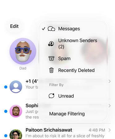 L’app Messages affiche la nouvelle fonctionnalité d’outils de filtrage, qui passe en revue les numéros inconnus dans une section appelée Expéditeurs inconnus