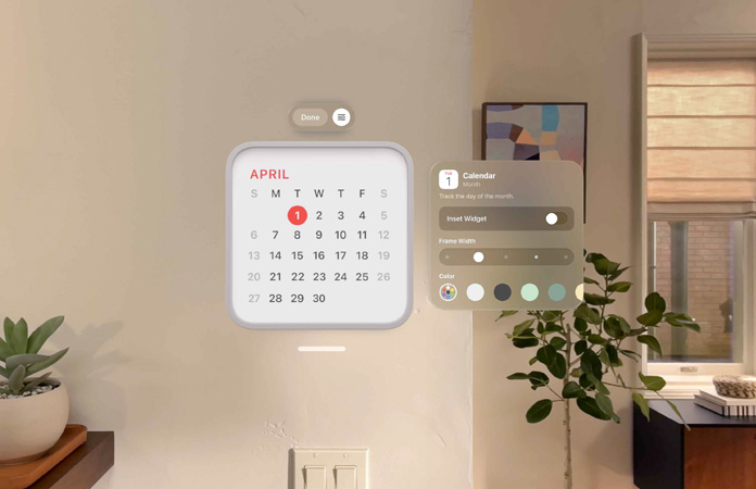 Calendar widget reading 1st April floats on wall, reminder widget above, personalisation options to change frame thickness and colour to right