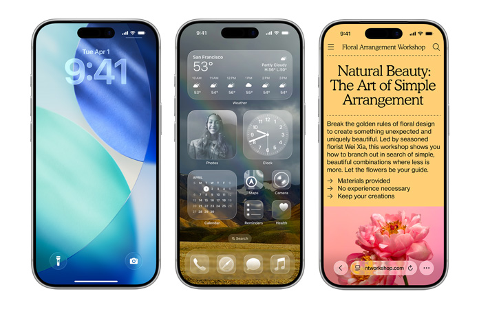 Několik iPhonů vedle sebe na ukázku různých prvků nového designu iOS, například zamknuté obrazovky s průsvitnými číslicemi v Liquid Glass designu nebo plochy s průsvitnými ikonami aplikací v Liquid Glass designu