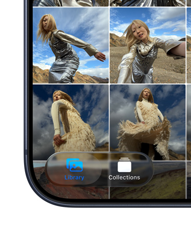 iPhone, v levém dolním rohu se zobrazuje dlaždice aplikace Fotky s panely Knihovna a Sbírky v novém Liquid Glass designu