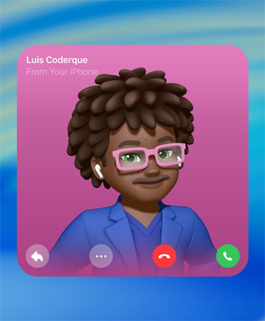 Áp Phích Liên Hệ FaceTime, Genmoji ở giữa, tên người ở trên cùng bên trái, các biểu tượng để trả lời, thêm tùy chọn, gác máy và nhấc máy ở phía dưới