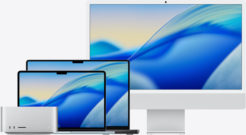 Hình nền trên macOS Tahoe trên các phiên bản máy Mac từ trái sang phải: Mac Studio, MacBook Air 13 inch màu Xanh Da Trời, MacBook Pro 14 inch màu Đen Không Gian và iMac 24 inch màu Bạc