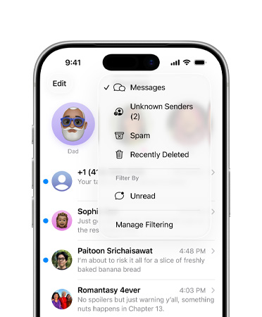 iPhone, v horních dvou třetinách je aplikace Zprávy se zobrazením nových prověřovacích nástrojů, které teď filtrují neznámá čísla do části Neznámí odesilatelé