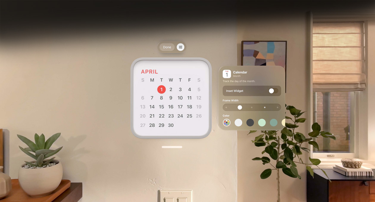 顯示 4 月 1 日的行事曆小工具飄浮在牆上，上方是提醒事項小工具，而右側是可以調整邊框粗細和顏色的個人化選項