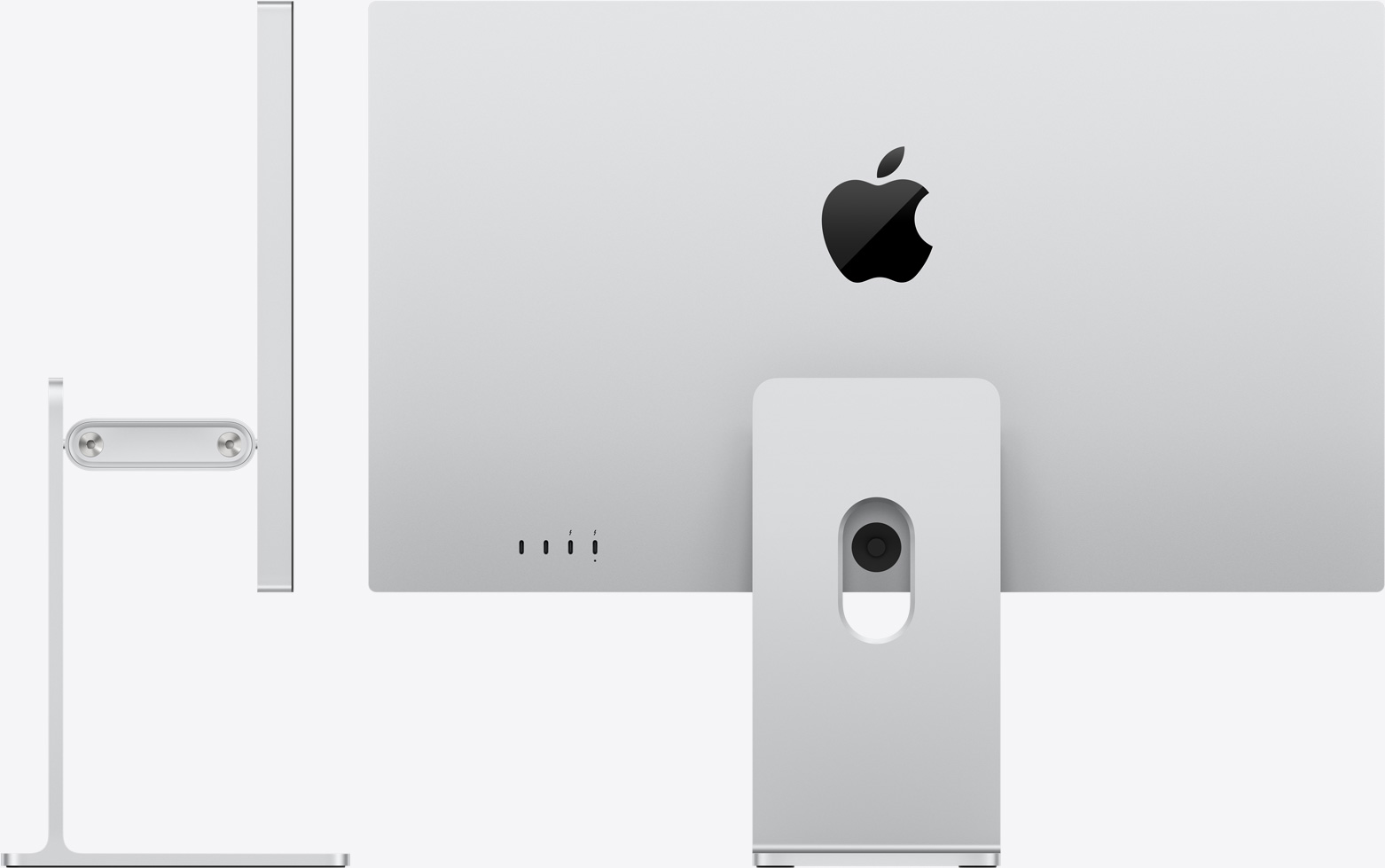 Studio Display XDR fixé sur le support à inclinaison et hauteur réglables, vu de dos et de côté, pour mettre en avant le bras balancier