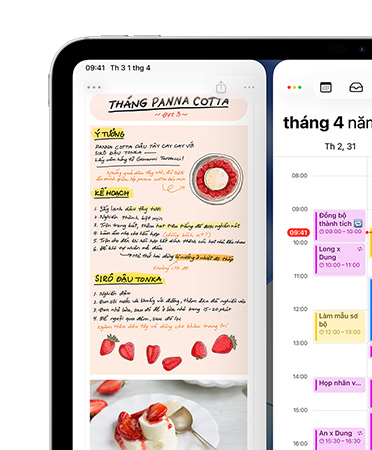 iPad, nằm ngang, màn hình trên cùng bên trái hiển thị ứng dụng Ghi Chú và Lịch, được xếp cạnh nhau, làm ví dụ cho tính năng xếp đặt các cửa sổ